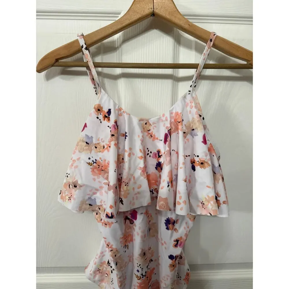 Beachsissi Floral Flounce Off Shoulder Ruffled Monokini One Piece Swimsuit, M